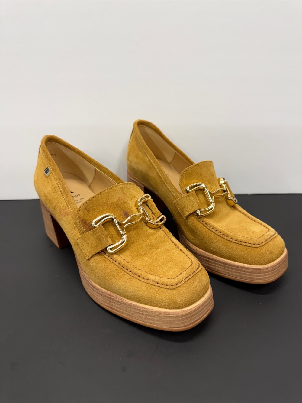 Mustard Suede Loafers with Gold Bit Detail